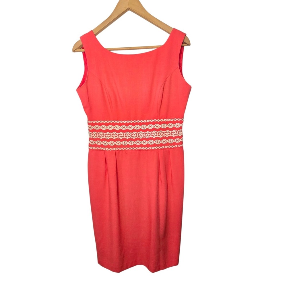 Vintage 80s 90s Lanz Originals Coral Embroidered Sheath Dress Midi Size 6